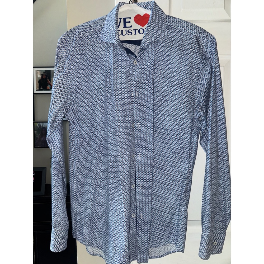 Bugatchi Uomo Mens Shaped Fit Blue White Geometric Print Button Down Shirt L